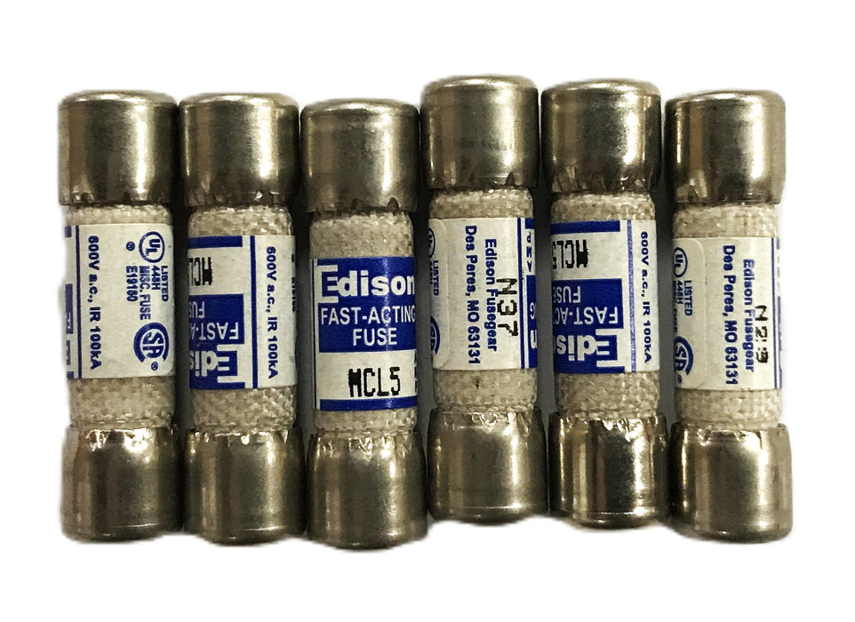 Edison 5amp Fast Acting Fuse MCL5 [Lot of 6] NOS