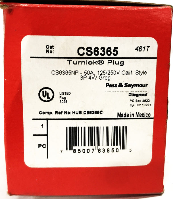 Pass & Seymour 50A 125/250V TurnLoc Plug CS6365 NOS