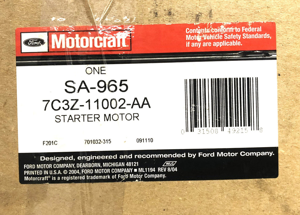 Ford Motorcraft Starter Motor 7C3Z-11002-AA (SA-965) NOS