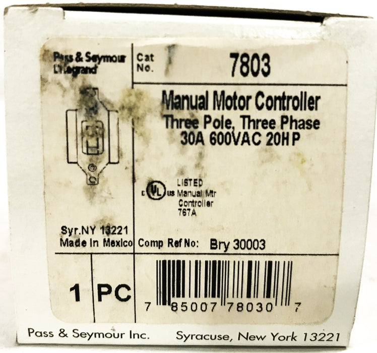 Pass & Seymour 3-Pole 3-Phase Manual Motor Controller 7803 NOS