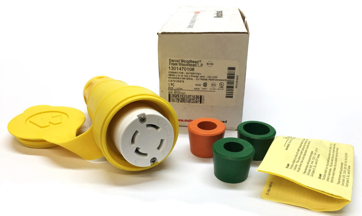 Daniel Woodhead Watertite 3-Phase 480V Yellow Connector 1301470108 (29W76) NOS