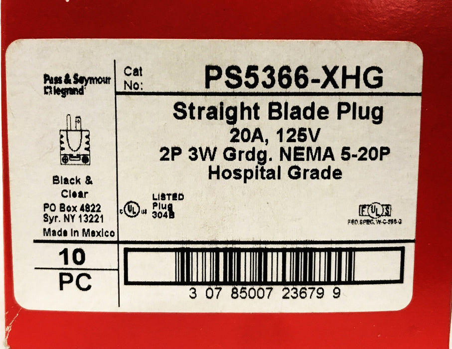 Pass & Seymour 2-Pole 3-Wire Straight Blade Plug PS5366-XHG [Box of 10] NOS