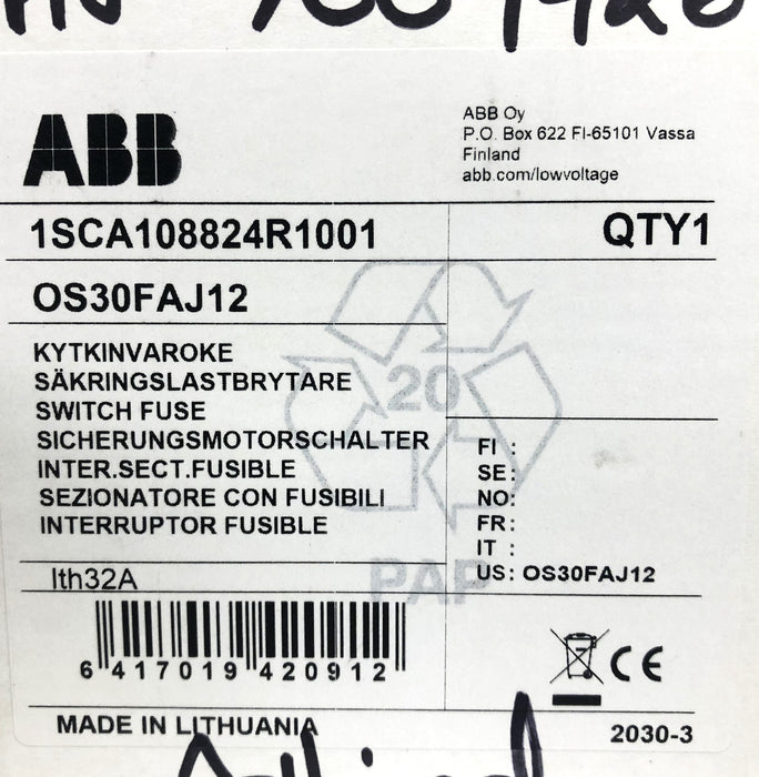 ABB 600VAC 30A General Purpose Switch Fuse OS30FAJ12 (1SCA108824R1001) NOS