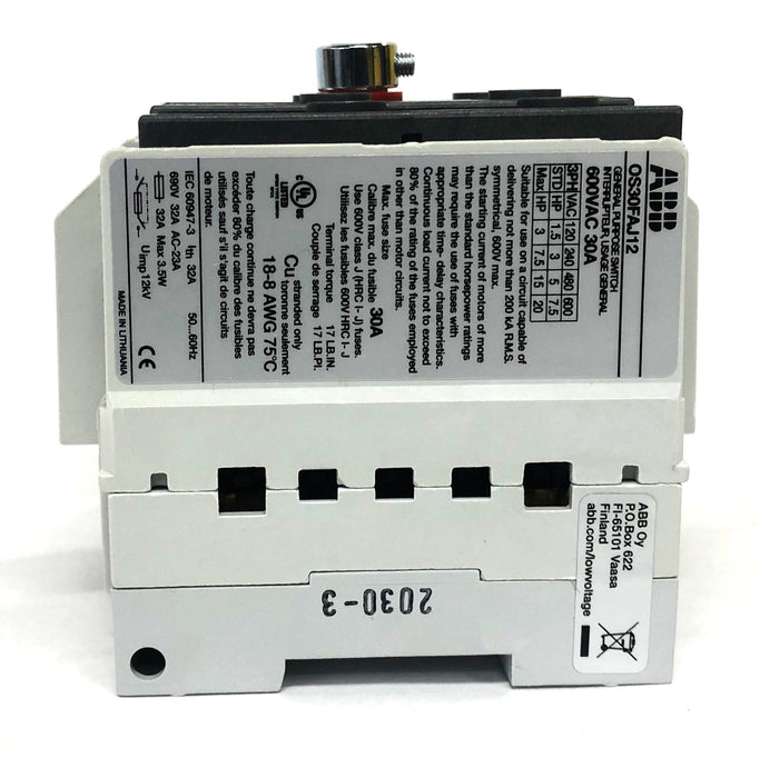ABB 600VAC 30A General Purpose Switch Fuse OS30FAJ12 (1SCA108824R1001) NOS