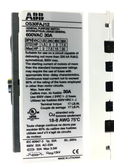ABB 600VAC 30A General Purpose Switch Fuse OS30FAJ12 (1SCA108824R1001) NOS