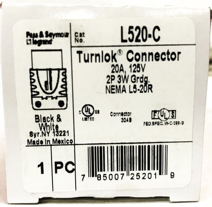 Pass & Seymour 20A 125V Locking Plug L520-C [Box of 8] NOS