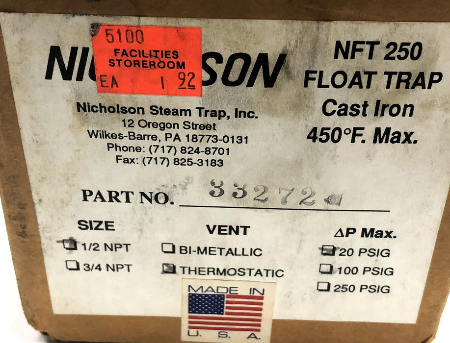 Nicholson Cast Iron Float Trap 1/2" NPT NFT 250 20 PSIG MAX 33272 NOS