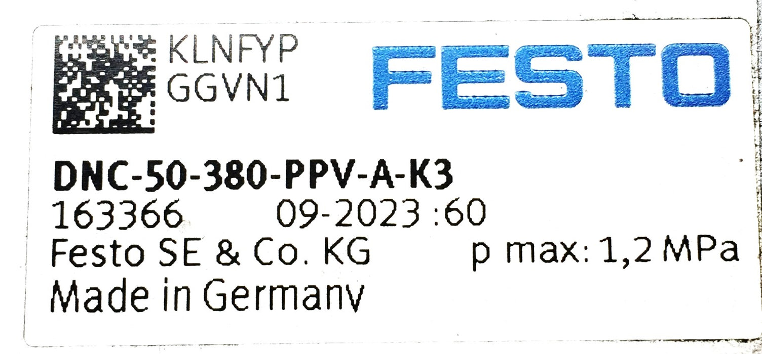 Festo Pneumatic Cylinder DNC-50-380-PPV-A-K3 (163366) NOS