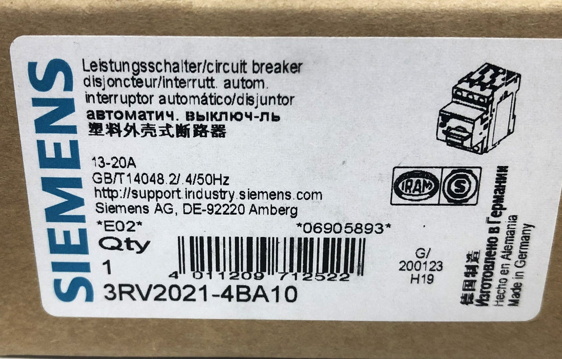 Siemens Circuit Breaker 3RV2021-4BA10 USED
