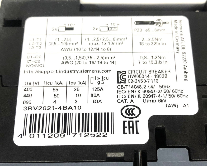 Siemens Circuit Breaker 3RV2021-4BA10 USED