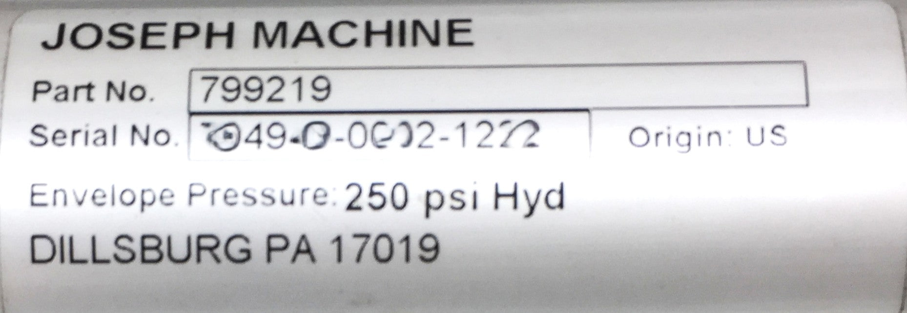 Joseph Machine Pneumatic Cylinder 799219 with 250psi Hyd for jCNC or SC-90 NOS