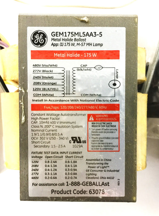 GE HID Metal Halide Lamp and Ballast Kit GEM175ML5AC3-55 (71701R) NOS
