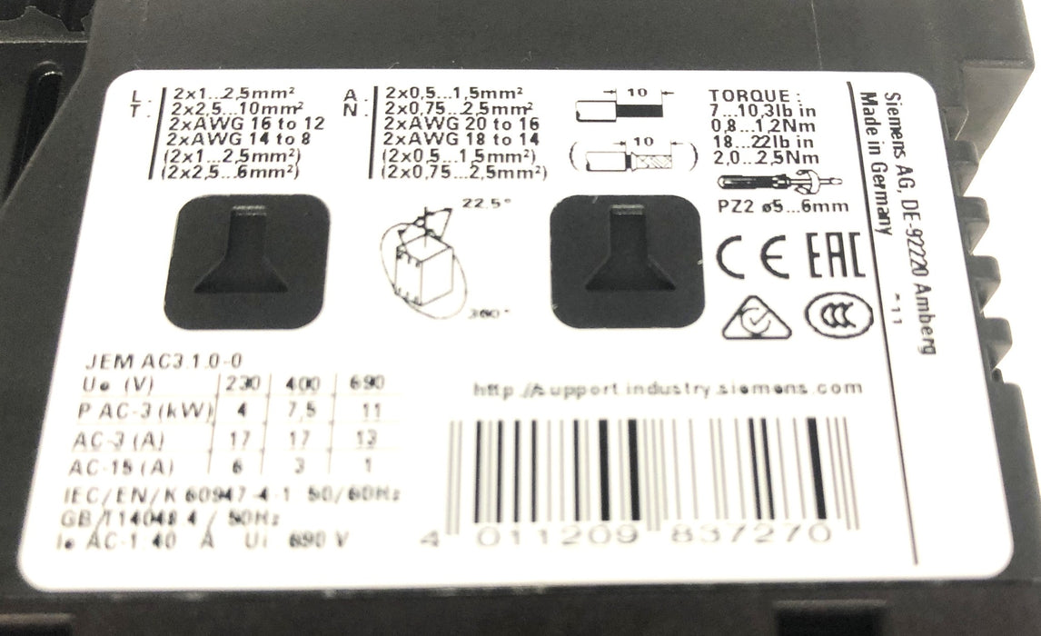 Siemens Power Contactor 3RT2025-1BB44 NOS