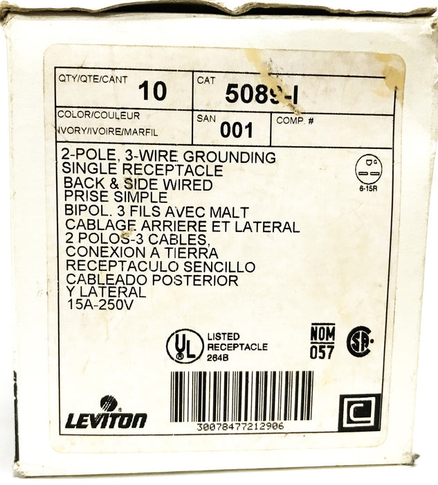 Leviton Ivory Straight Blade Single Outlet Receptacle 5089-I [Box of 8] NOS