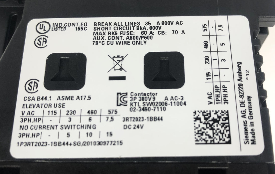 Siemens Power Contactor 3RT2023-1BB44 NOS
