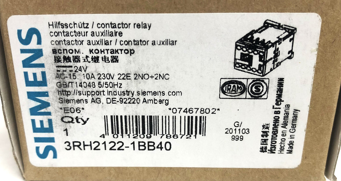 Siemens Contactor Relay 3RH2122-1BB40 NOS