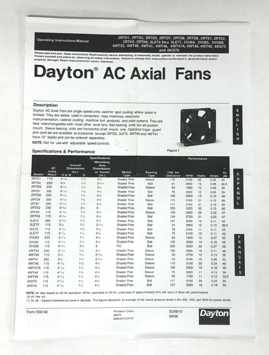 Dayton 115V 60/50Hz 0.24/0.26AMPS 20/22WATTS 115CFM AC Axial Fan 4WT46 NOS