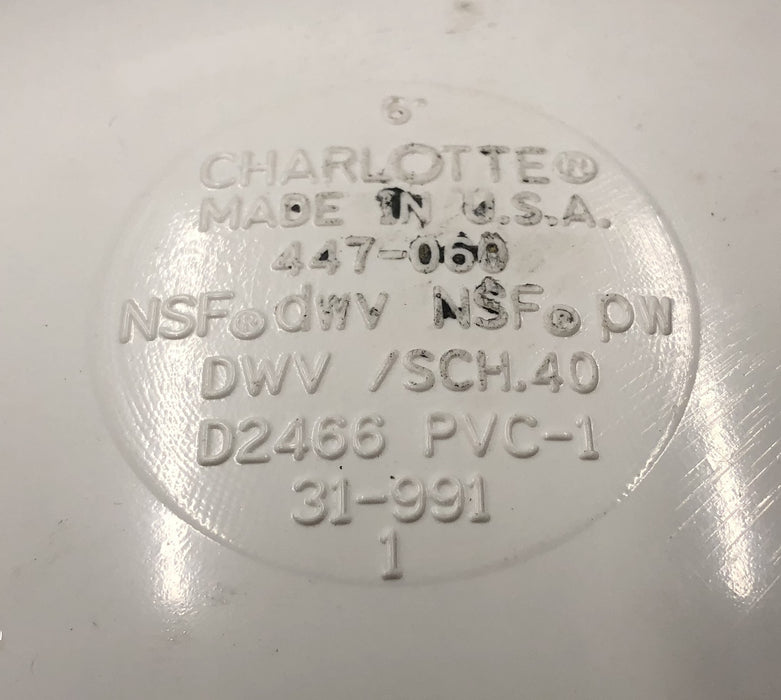 Charlotte 6" PVC SCH40 Slip Cap 447-060 [Lot of 2] NOS