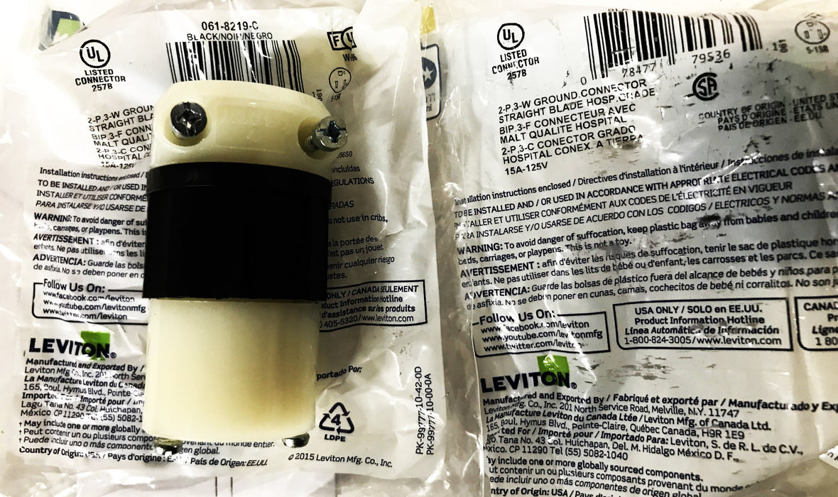 Leviton Black 2-Pole 3-Wire Female Connector 8219-C [Lot of 2] NOS
