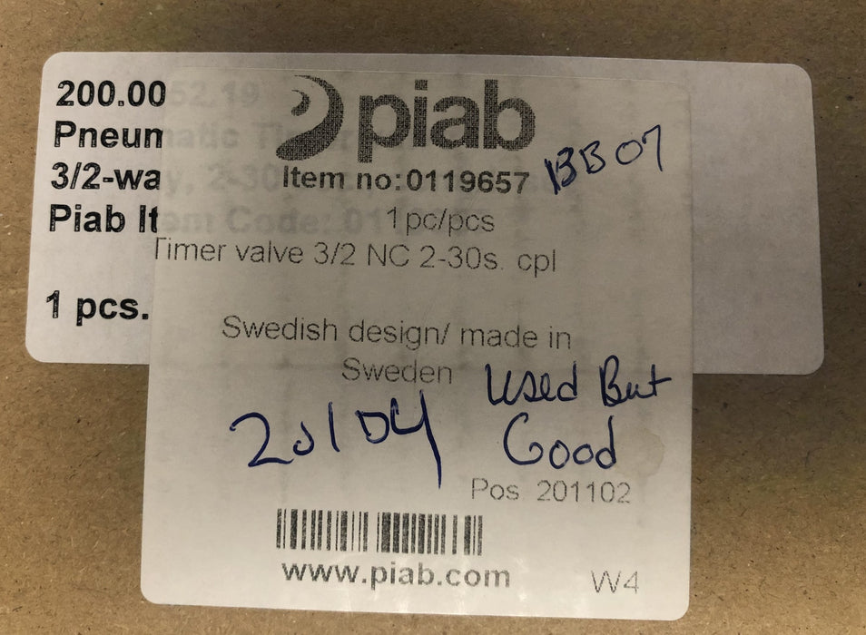 Piab 3/2 NC 2-30s cpl Timer Valve 0-499-566 (0119657, 1645405) USED