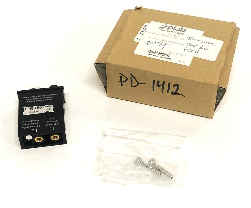 Piab 3/2 NC 2-30s cpl Timer Valve W/ Hardware 0-499-566 (0119657, 1645405) USED