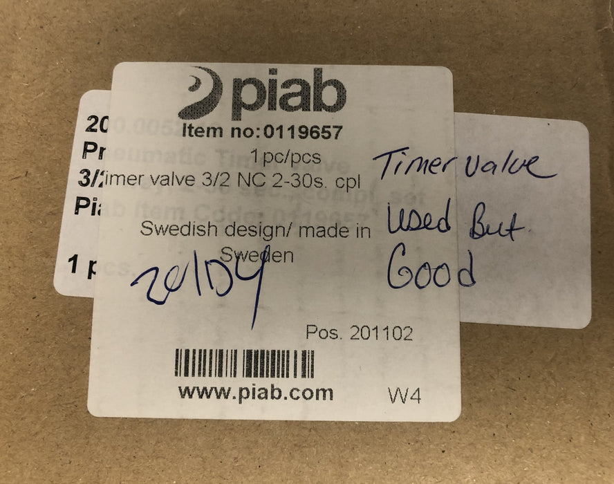 Piab 3/2 NC 2-30s cpl Timer Valve W/ Hardware 0-499-566 (0119657, 1645405) USED