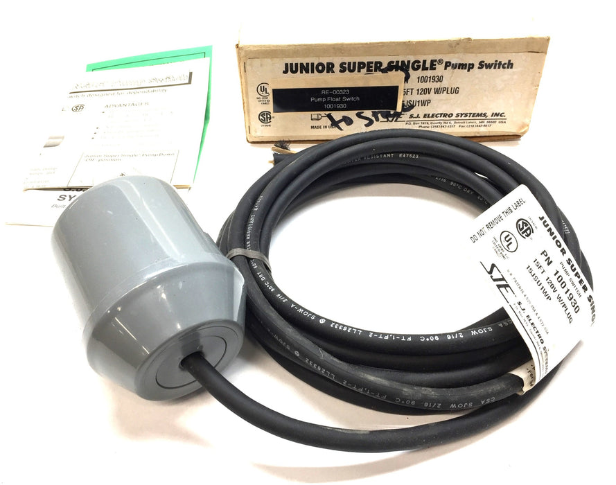 S.J. Electro Systems Junior 15' 120V Super Single Pump Float Switch 1001930 NOS