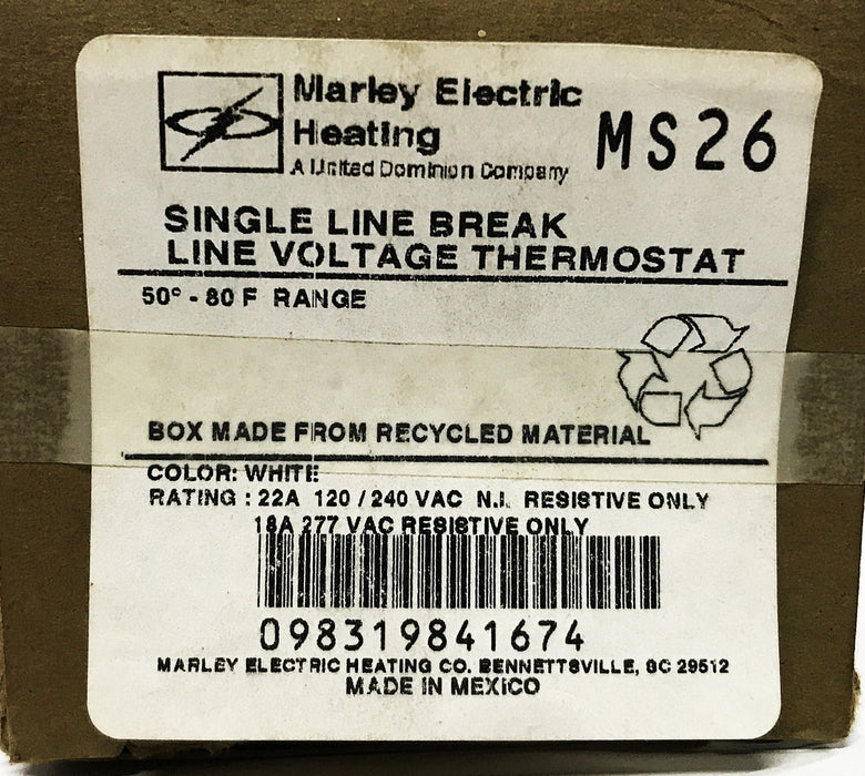 Marley Single Line Voltage Thermostat MS26 NOS