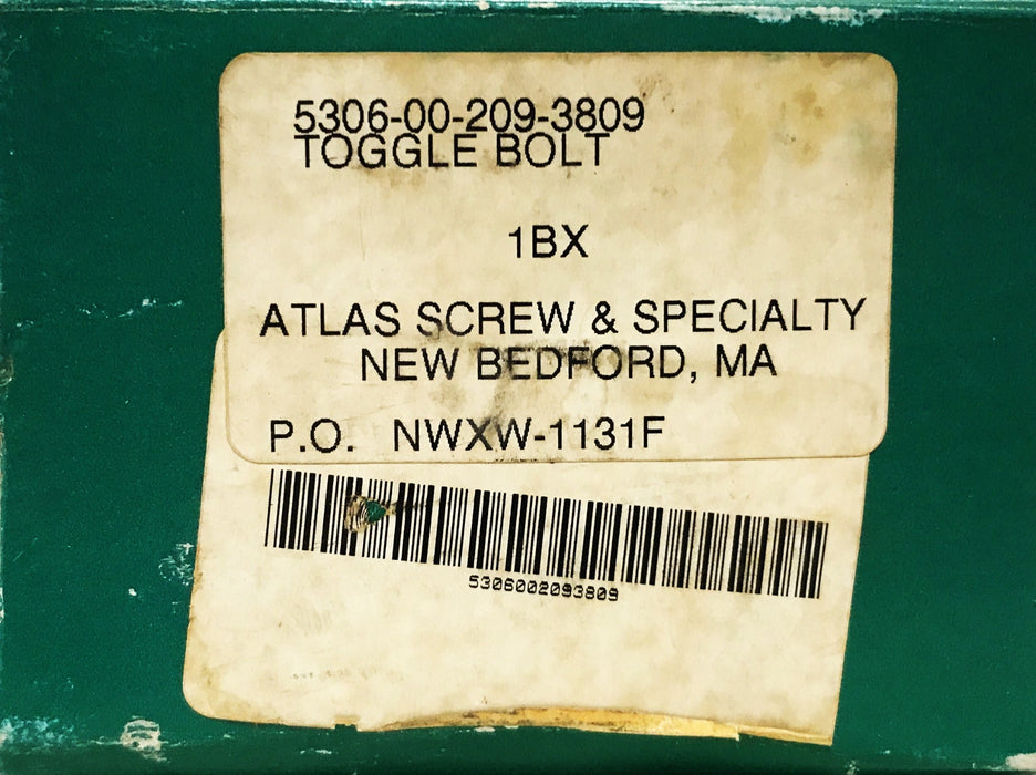 Atlas Screw 1/4 inch x 4 inch Toggle Bolts 5306-00-209-3809 [Lot of 38] NOS