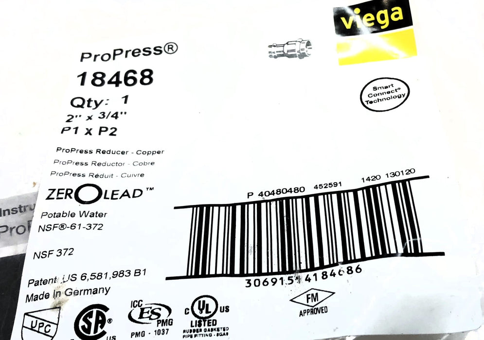 Viega ProPress P1 x P2 2" x 3/4" Zero Lead Copper Reducer 18468 NOS