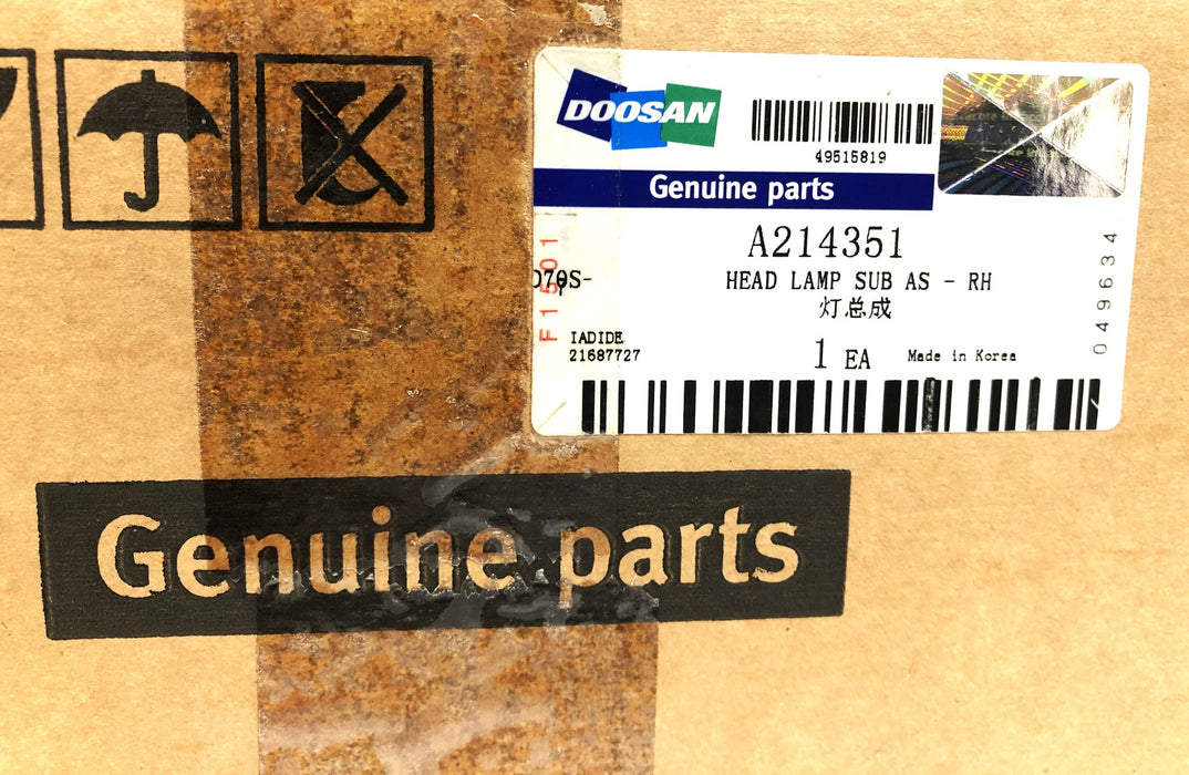 Doosan RH Head Lamp SUB Assembly A214351 NOS
