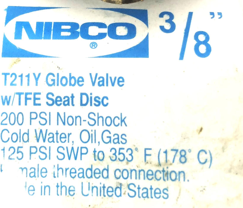 Nibco 3/8" Female Threaded Globe Valve T-211-Y NOS