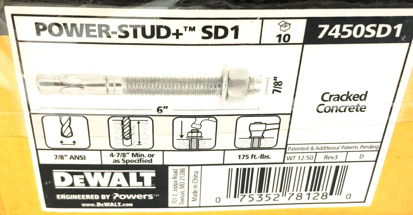Dewalt Power Stud Box of (10) 7/8" x 6" Wedge Anchor 7450SD1 NOS
