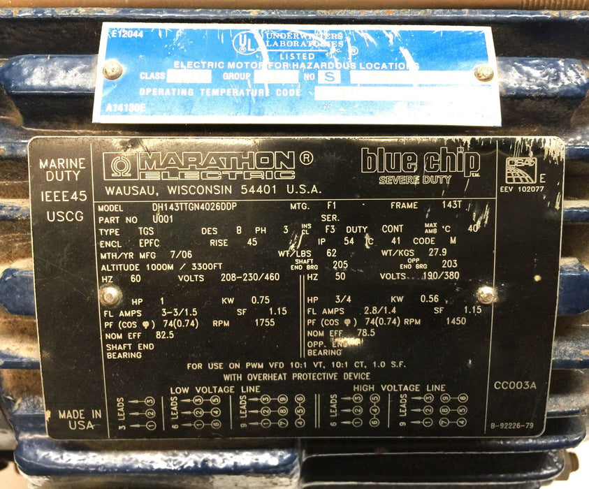 Marathon Motors Marine\Severe Duty Explosion Proof Motor DH143TTGN4026DDP USED