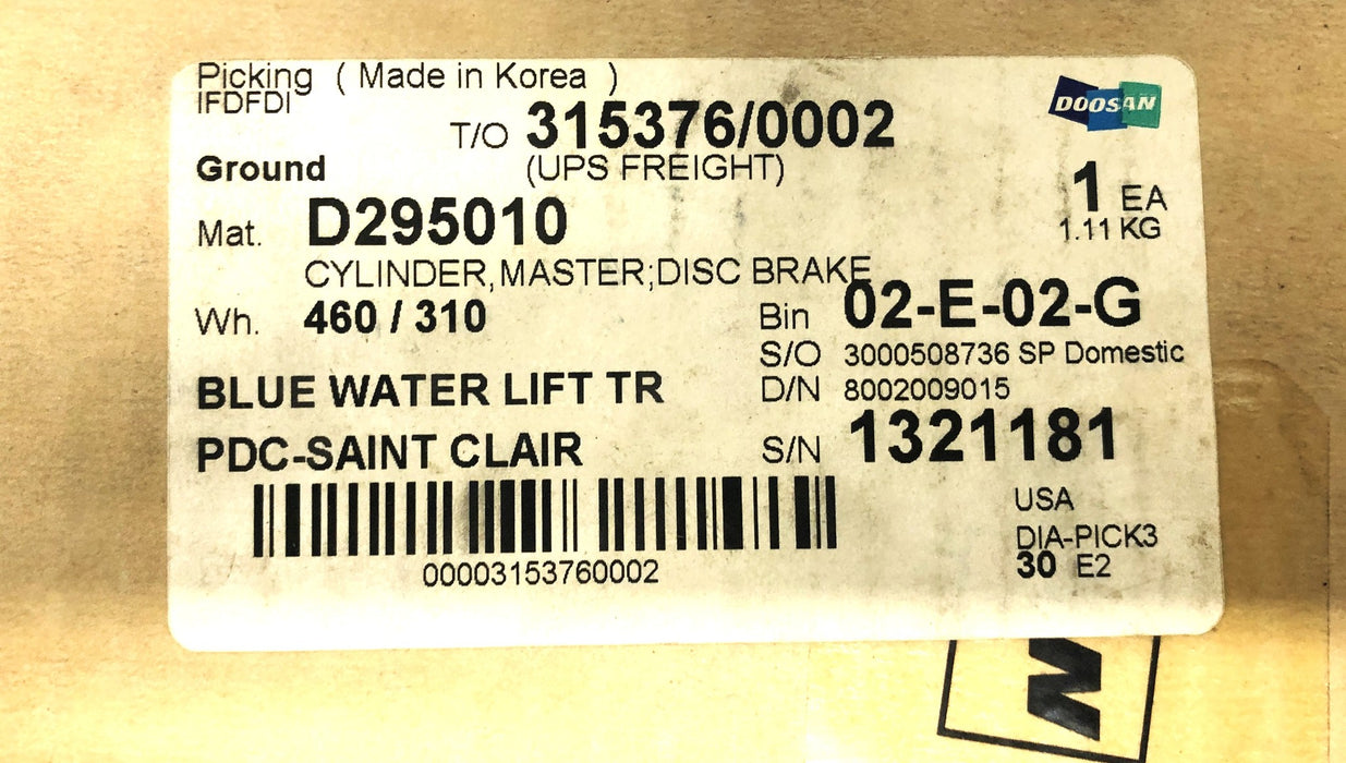 Doosan Master Cylinder D295010 NOS