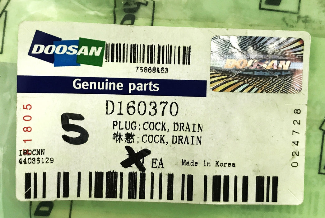 Doosan Forklift Drain Valve Plug D160370 [Lot of 5] NOS