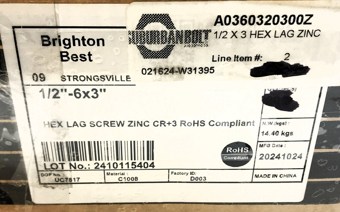 Brighton Best Box of (190) 1/2"-6 x 3" Zinc Hex Lag Screw A0360320300Z NOS