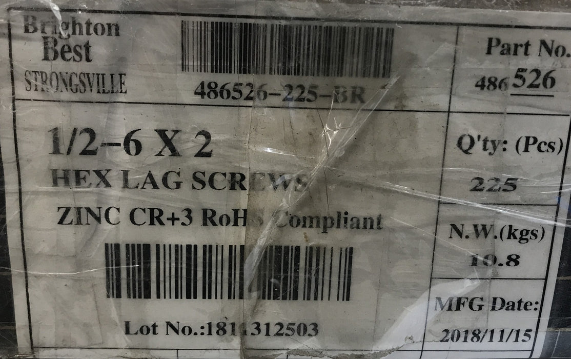 Brighton Best Box of (130) 1/2"-6 x 2" Zinc Hex Lag Screw 486526 NOS