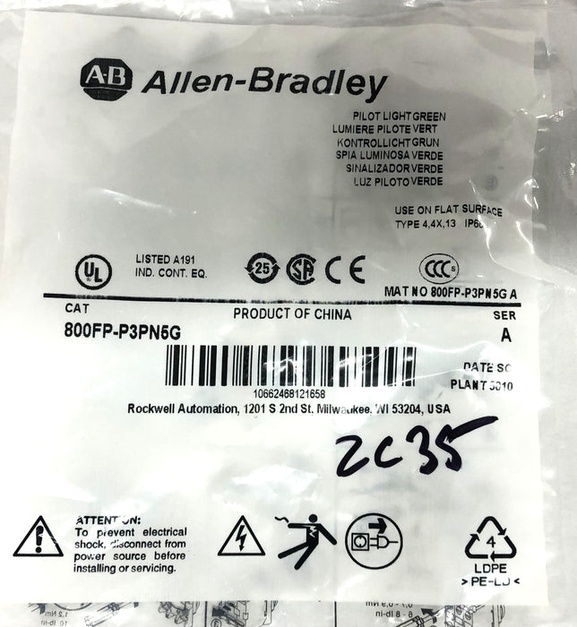 Allen-Bradley Green Pilot Light Assembly 800FP-P3PN5G NOS