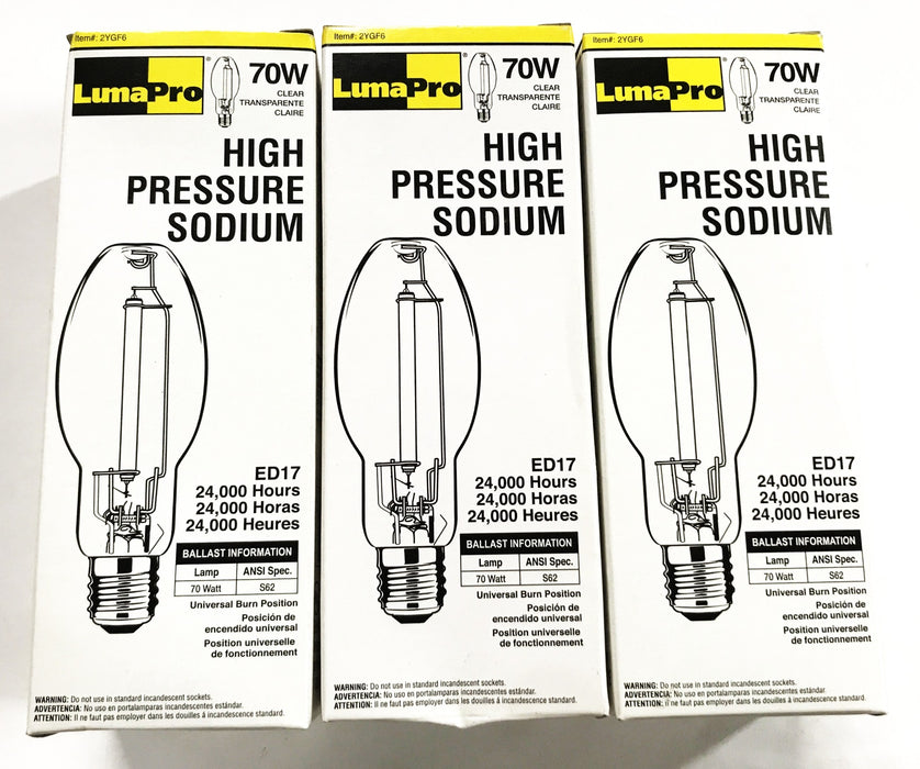 LumaPro Clear 70 Watt High Sodium Light Bulb ED17 [Lot of 3] NOS