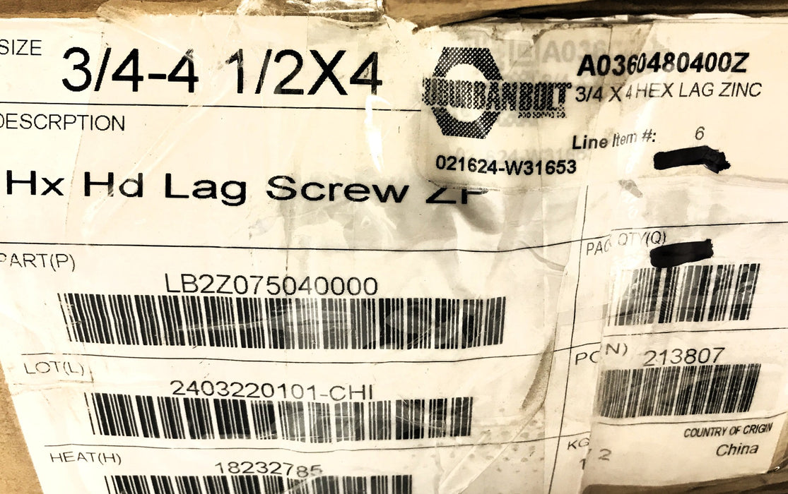 Suburban Bolt Box of (70) 3/4" x 4" 307A Hex Lag Screw A0360480400Z NOS