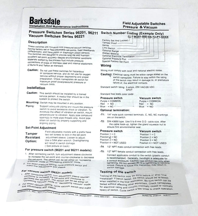 Barksdale Adjustable Range Pressure Switch 96211-BB2-T1 NOS