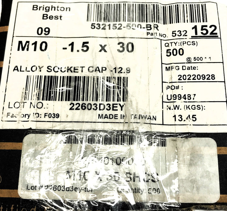 Brighton Best M10-1.5 x 30mm Alloy Socket Cap Screw A4440100030 [Lot of 100] NOS
