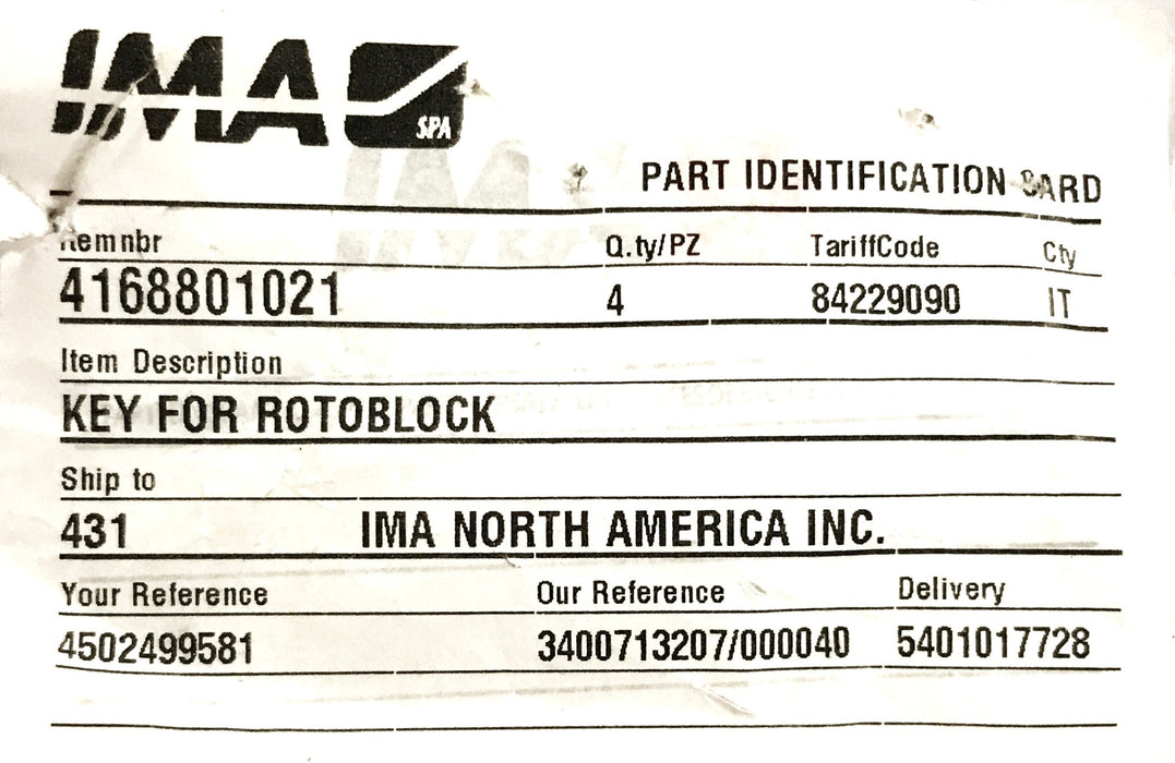 IMA Rounded Shaft Key 3-3/16 inch x 11/16 inch x 7/16 inch 4168801021 NOS