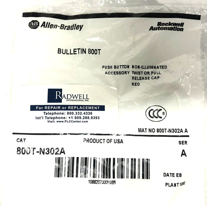 Allen-Bradley Non-Illuminated Push Button Twist/Pull Release Cap 800T-N302A NOS