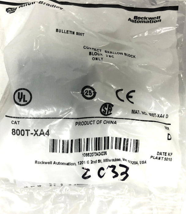 Allen-Bradley 800T Shallow 2 NC Contact Block 800T-XA4 [Lot of 2] NOS