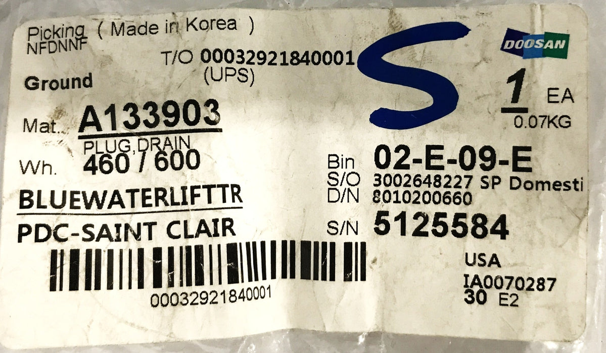 Doosan Forklift Drain Plug A133903 NOS