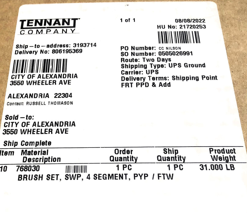 Tennant BRUSH SET, SWP, SEGMENT, PYP / FTW 768030 NOS