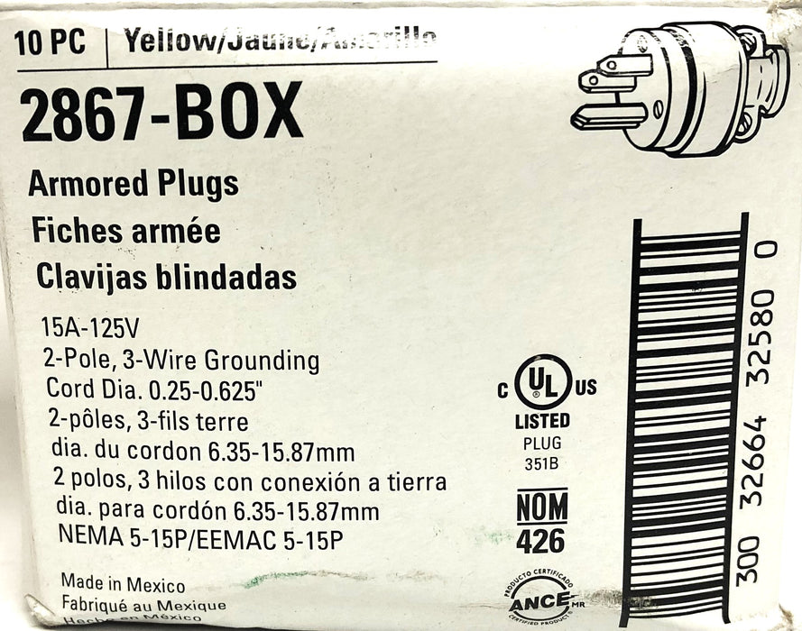 Eaton 15A 125V 2 Pole 3-Wire Yellow Armored Plug 2867-BOX [Lot of 3] NOS