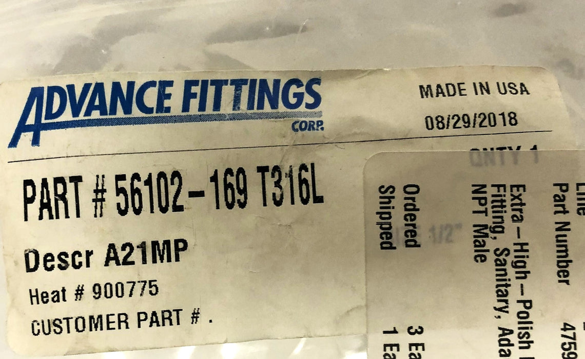 Advance Fittings A21MP 56102-169 T316L NOS